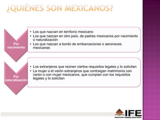 Por
nacimiento
• Los que nazcan en territorio mexicano
• Los que nazcan en otro país, de padres mexicanos por nacimiento
o naturalización
• Los que nazcan a bordo de embarcaciones o aeronaves
mexicanas
Por
naturalización
• Los extranjeros que reúnen ciertos requisitos legales y lo solicitan
• La mujer o el varón extranjeros que contraigan matrimonio con
varón o con mujer mexicanos, que cumplan con los requisitos
legales y lo solicitan
 