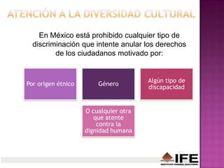 Por origen étnico Género
Algún tipo de
discapacidad
O cualquier otra
que atente
contra la
dignidad humana
En México está prohibido cualquier tipo de
discriminación que intente anular los derechos
de los ciudadanos motivado por:
 