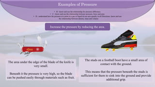 Increase the pressure by reducing the area.
The area under the edge of the blade of the knife is
very small.
Beneath it the pressure is very high, so the blade
can be pushed easily through materials such as fruit.
The studs on a football boot have a small area of
contact with the ground.
This means that the pressure beneath the studs is
sufficient for them to sink into the ground and provide
additional grip.
Examples of Pressure
• B - know and use the relationship for pressure difference.
• C - know and use the relationship between pressure, force and area.
• D - understand how the pressure at a point in a gas or liquid at rest acts equally in all Directions. know and use
the relationship between density, mass and volume
 