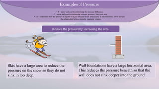 Reduce the pressure by increasing the area.
Skis have a large area to reduce the
pressure on the snow so they do not
sink in too deep.
Wall foundations have a large horizontal area.
This reduces the pressure beneath so that the
wall does not sink deeper into the ground.
Examples of Pressure
• B - know and use the relationship for pressure difference.
• C - know and use the relationship between pressure, force and area.
• D - understand how the pressure at a point in a gas or liquid at rest acts equally in all Directions. know and use
the relationship between density, mass and volume
 