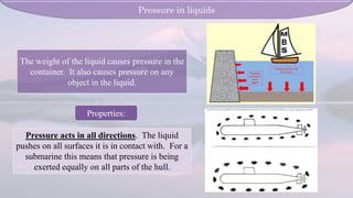 The weight of the liquid causes pressure in the
container. It also causes pressure on any
object in the liquid.
Properties:
Pressure acts in all directions. The liquid
pushes on all surfaces it is in contact with. For a
submarine this means that pressure is being
exerted equally on all parts of the hull.
Pressure in liquids
 