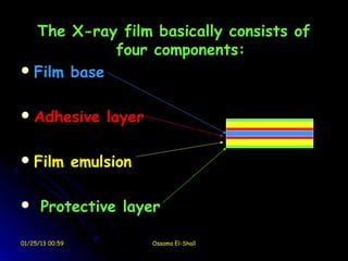 The X-ray film basically consists of
            four components:
 Film base


 Adhesive           layer

 Film           emulsion

     Protective layer

01/25/13 00:59               Ossama El-Shall
 