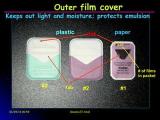 Outer film cover
Keeps out light and moisture; protects emulsion

                       plastic          dot   paper




                                                      # of films
                                                      in packet

                  #2      Tab        #2        #1



 01/25/13 00:59             Ossama El-Shall
 