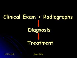 Clinical Exam + Radiographs

                 Diagnosis

                 Treatment
01/25/13 00:59     Ossama El-Shall
 