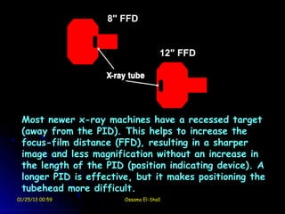 8" FFD


                                     12" FFD




 Most newer x-ray machines have a recessed target
 (away from the PID). This helps to increase the
 focus-film distance (FFD), resulting in a sharper
 image and less magnification without an increase in
 the length of the PID (position indicating device). A
 longer PID is effective, but it makes positioning the
 tubehead more difficult.
01/25/13 00:59         Ossama El-Shall
 