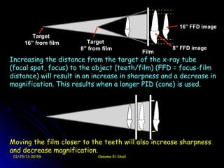 16” FFD image
         Target
      16” from film      Target
                       8” from film                   8” FFD image
                                               Film
Increasing the distance from the target of the x-ray tube
(focal spot, focus) to the object (teeth/film) (FFD = focus-film
distance) will result in an increase in sharpness and a decrease in
magnification. This results when a longer PID (cone) is used.




Moving the film closer to the teeth will also increase sharpness
and decrease magnification.
 01/25/13 00:59              Ossama El-Shall
 