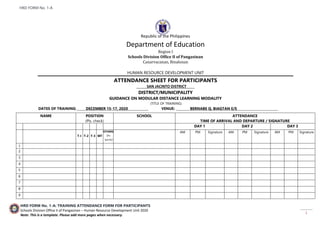 HRD FORM No. 1-A
HRD FORM No. 1-A: TRAINING ATTENDANCE FORM FOR PARTICIPANTS
Schools Division Office II of Pangasinan – Human Resource Development Unit 2020
Note: This is a template. Please add more pages when necessary.
1
Republic of the Philippines
Department of Education
Region I
Schools Division Office II of Pangasinan
Canarvacanan, Binalonan
HUMAN RESOURCE DEVELOPMENT UNIT
ATTENDANCE SHEET FOR PARTICIPANTS
_____SAN JACINTO DISTRICT____
DISTRICT/MUNICIPALITY
GUIDANCE ON MODULAR DISTANCE LEARNING MODALITY
(TITLE OF TRAINING)
DATES OF TRAINING:______DECEMBER 15-17, 2020_____ VENUE: _________BERNABE Q. BIAGTAN E/S__________________________
NAME POSITION
(Pls. check)
SCHOOL ATTENDANCE
TIME OF ARRIVAL AND DEPARTURE / SIGNATURE
DAY 1 DAY 2 DAY 3
T-I T-2 T-3 MT
OTHERS
(Pls.
Specify)
AM PM Signature AM PM Signature AM PM Signature
1
2
3
4
5
6
7
8
9
 