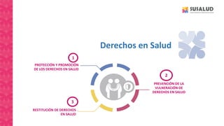 Derechos en Salud
PROTECCIÓN Y PROMOCIÓN
DE LOS DERECHOS EN SALUD
1
RESTITUCIÓN DE DERECHOS
EN SALUD
3
PREVENCIÓN DE LA
VULNERACIÓN DE
DERECHOS EN SALUD
2
 