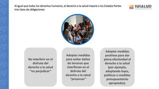 Al igual que todos los derechos humanos, el derecho a la salud impone a los Estados Partes
tres tipos de obligaciones:
Adoptar medidas
para evitar daños
de terceros que
interfieran en el
disfrute del
derecho a la salud
“preservar”
Adoptar medidas
positivas para dar
plena efectividad al
derecho a la salud
(por ejemplo,
adoptando leyes,
políticas o medidas
presupuestarias
apropiadas).
No interferir en el
disfrute del
derecho a la salud
“no perjudicar”
 