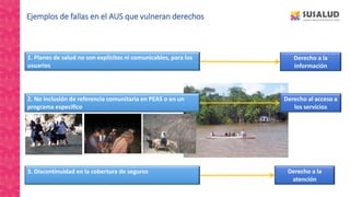 Ejemplos de fallas en el AUS que vulneran derechos
Derecho a la
información
Derecho a la
atención
1. Planes de salud no son explícitos ni comunicables, para los
usuarios
3. Discontinuidad en la cobertura de seguros
Derecho al acceso a
los servicios
2. No inclusión de referencia comunitaria en PEAS o en un
programa especifico
 