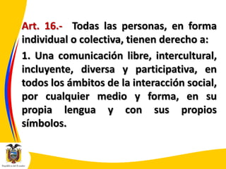 Art. 16.- Todas las personas, en forma
individual o colectiva, tienen derecho a:
1. Una comunicación libre, intercultural,
incluyente, diversa y participativa, en
todos los ámbitos de la interacción social,
por cualquier medio y forma, en su
propia lengua y con sus propios
símbolos.

 