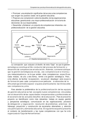 Competencias paralaprofesionalizacióndelagestióneducativa
• Promover una ampliación significativa del acceso alas competencias
que exigen los puestos claves de la gestión educativa.
• Propiciar una comprensión sobre los desafíos de las organizaciones
educativas garantizando una mayor profesionalización en la toma de
decisiones de sus responsables.
• Desarrollar y fortalecer un conjunto de competencias inherentes ala
profesionalización de la gestión educativa.
Anticipación Delegación
Gestión Trabajo en
Participación
estratégica Liderazgo equipo Comunicación y demanda
educativa
Resolución de
problemas Negociación
Desafíos de la educación
La concepción que subyace al diseño de esta “Caja” es que la gestión
estratégica constituye el hilo conductor del proceso de formación y
desarrollo de competencias en educación. Además, conviene subrayar
que la gestión estratégica es a la vez, una competencia en sí misma y
una metacompetencia en la que anidan otras competencias específicas.
Cada módulo, de una u otra forma, remite a la gestión estratégica. Pero,
a los efectos de facilitar la exposición, se procuró desplegar este espacio
de formación para cada competencia en particular, a sabiendas de la
dificultad que entraña separar -siquiera analíticamente- los límites entre
una competencia y otra.
Para abordar la problemática de la profesionalización de los equipos
de gestión educativa se han escogido nueve competencias vinculadas
con el desarrolllo de las capacidades interpersonales y profesionales en
el escenario de los actuales desafíos de la educación. Para el presente
proyecto se identificaron como más relevantes: trabajo en equipo, gestión
y perspectiva estratégica; comunicación en las organizaciones; procesos
de delegación y negociación; resolución de problemas; prácticas de
liderazgo; proyección y construcción de escenarios alternativos; y atención
a la participación y demanda educativa. El siguiente esquema presenta
el contexto de transformación y las nueve competencias con que ha sido
organizada la “Caja de Herramientas”.
31
 
