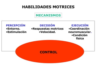 PERCEPCIÓN Entorno. Estimulación DECISIÓN Respuestas motrices Velocidad. EJECUCIÓN Coordinación  neuromuscular . Condición  física HABILIDADES MOTRICES CONTROL MECANISMOS 