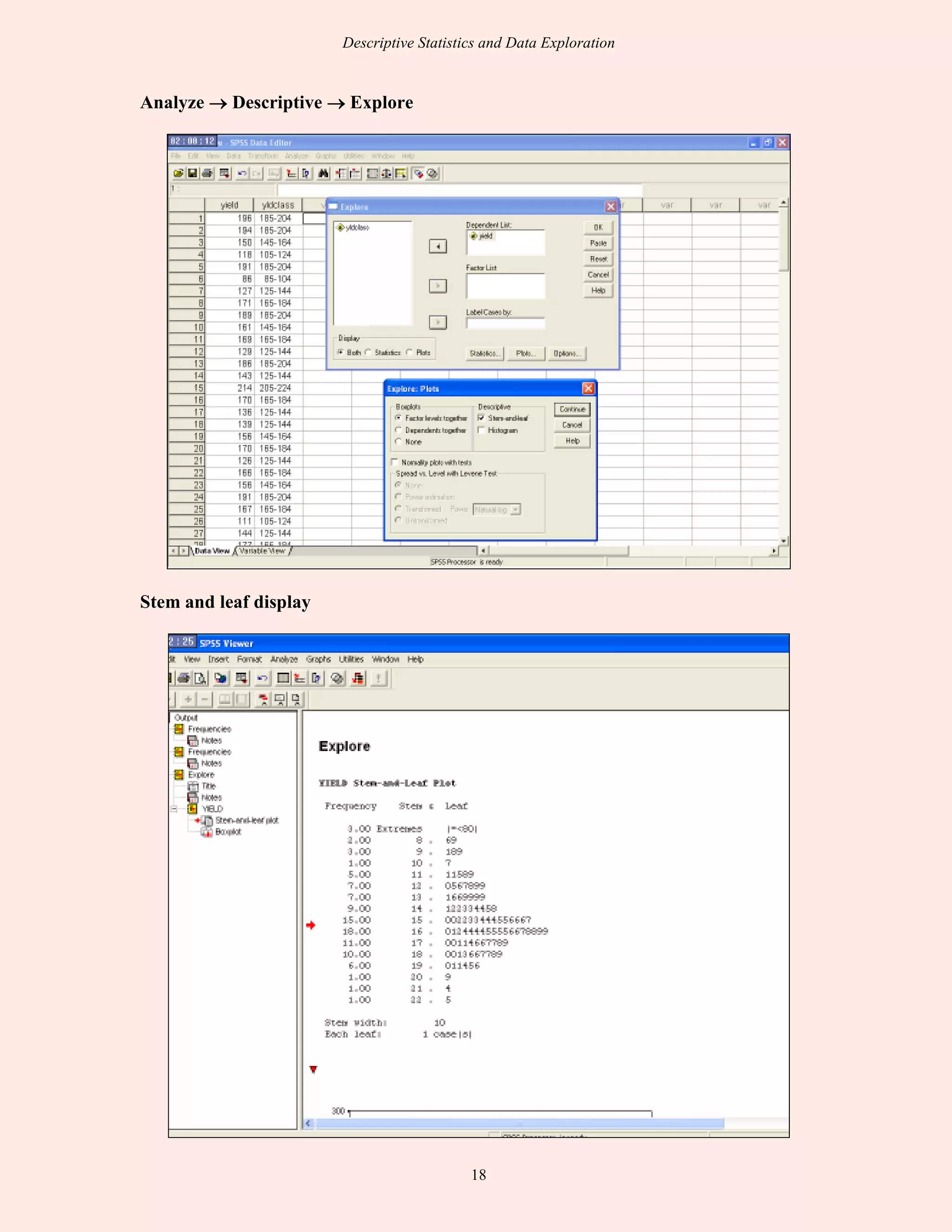 Descriptive Statistics and Data Exploration
18
Analyze →→→→ Descriptive →→→→ Explore
Stem and leaf display
 