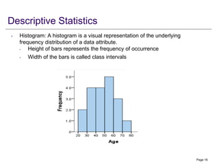 Descriptive Statistics
• Histogram: A histogram is a visual representation of the underlying
frequency distribution of a data attribute.
• Height of bars represents the frequency of occurrence
• Width of the bars is called class intervals
Page 16
 