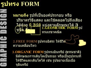 รูปทรง  FORM หมายถึง  รูปที่เป็นองค์ประกอบ หรือปริมาตรวิธีแสดง และใช้ตลอดไปถึงเสียงได้ด้วย  มี  3  มิติ  แบ่งตามลักษณะได้  3  ชนิด คือ 3.ORGANIC FORM  รูปทรงอินทรีย์  ( ธรรมชาติ )  มีลักษณะการเติบโตเป็นระยะ หรือเป็นรูปทรงที่ให้ชีวิตและเติบโตได้ เช่น รูปขยายเนื้อเยื่อ จุลินทรีย์ 1. GEOMETRIC FORM   รูปทรงเรขาคณิต 2. FREE FORM   รูปทรงอิสระ ให้ชีวิต ความเคลื่อนไหว 