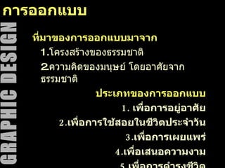 การออกแบบ ที่มาของการออกแบบมาจาก 1. โครงสร้างของธรรมชาติ 2. ความคิดของมนุษย์ โดยอาศัยจากธรรมชาติ ประเภทของการออกแบบ 1.  เพื่อการอยู่อาศัย 2. เพื่อการใช้สอยในชีวิตประจำวัน 3. เพื่อการเผยแพร่ 4. เพื่อเสนอความงาม 5. เพื่อการดำรงชีวิต 