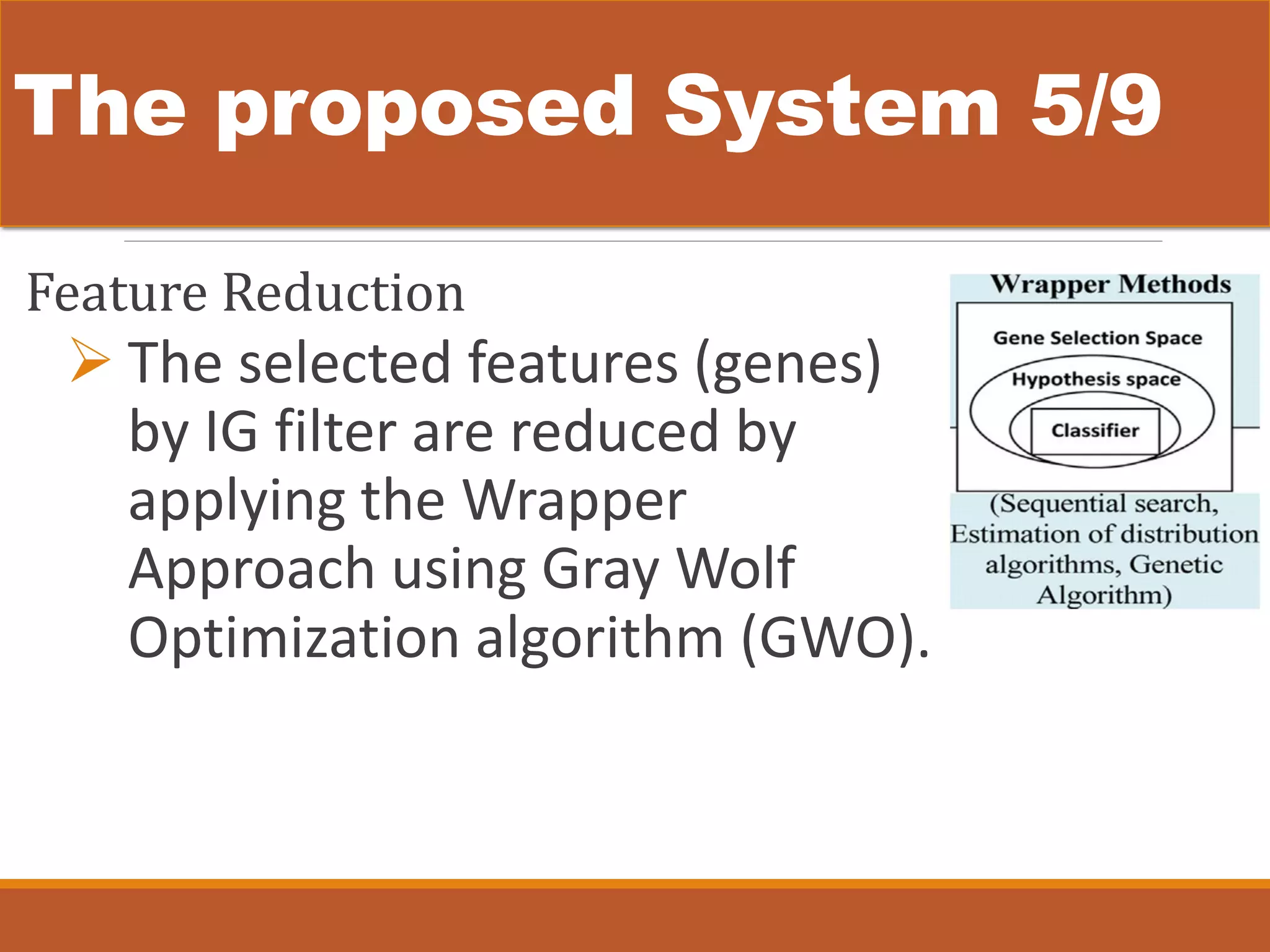 The proposed System 5/9
Feature Reduction
 The selected features (genes)
by IG filter are reduced by
applying the Wrapper
Approach using Gray Wolf
Optimization algorithm (GWO).
 
