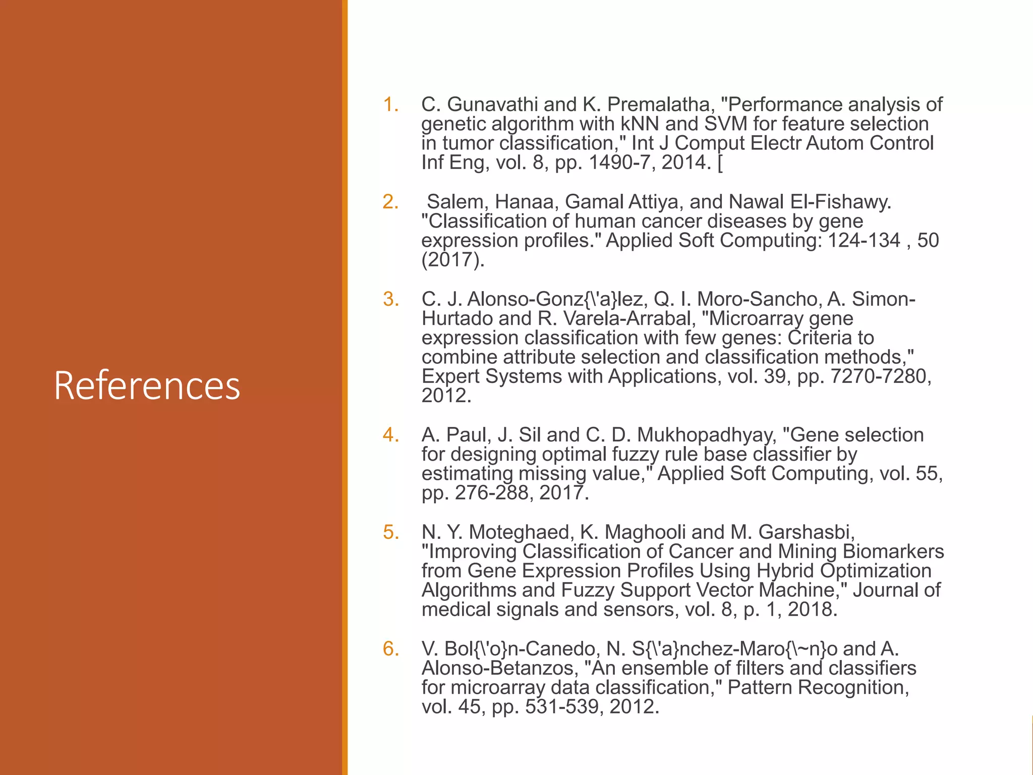 References
1. C. Gunavathi and K. Premalatha, "Performance analysis of
genetic algorithm with kNN and SVM for feature selection
in tumor classification," Int J Comput Electr Autom Control
Inf Eng, vol. 8, pp. 1490-7, 2014. [
2. Salem, Hanaa, Gamal Attiya, and Nawal El-Fishawy.
"Classification of human cancer diseases by gene
expression profiles." Applied Soft Computing: 124-134 , 50
(2017).
3. C. J. Alonso-Gonz{'a}lez, Q. I. Moro-Sancho, A. Simon-
Hurtado and R. Varela-Arrabal, "Microarray gene
expression classification with few genes: Criteria to
combine attribute selection and classification methods,"
Expert Systems with Applications, vol. 39, pp. 7270-7280,
2012.
4. A. Paul, J. Sil and C. D. Mukhopadhyay, "Gene selection
for designing optimal fuzzy rule base classifier by
estimating missing value," Applied Soft Computing, vol. 55,
pp. 276-288, 2017.
5. N. Y. Moteghaed, K. Maghooli and M. Garshasbi,
"Improving Classification of Cancer and Mining Biomarkers
from Gene Expression Profiles Using Hybrid Optimization
Algorithms and Fuzzy Support Vector Machine," Journal of
medical signals and sensors, vol. 8, p. 1, 2018.
6. V. Bol{'o}n-Canedo, N. S{'a}nchez-Maro{~n}o and A.
Alonso-Betanzos, "An ensemble of filters and classifiers
for microarray data classification," Pattern Recognition,
vol. 45, pp. 531-539, 2012.
 