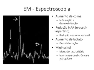 EM - Espectroscopia
• Aumento de colina
– Inflamação e
desmielinização
• Redução NAA (n-acetil-
aspartato)
– Redução neuronal variável
• Aumento de lactato
– Desmielinização
• Mioinositol
– Marcador astrocitário
– Injuria neuronal crônica e
astrogliose
 