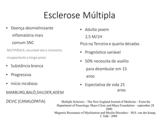 Esclerose Múltipla
• Doença desmielinizante
inflamatória mais
comum SNC
MUTIFÁSICA ,incurável até o momento
incapacitante a longo prazo
• Substância branca
• Progressiva
• Início incidioso
MARBURG,BALÓ,SHILDER,ADEM
DEVIC (CANALOPATIA)
• Adulto jovem
2,5 M/1H
Pico na Terceira e quarta décadas
• Prognóstico variável
• 50% necessita de auxílio
para deambular em 15
anos
• Espectativa de vida 25
anos
Multiple Sclerosis – The New England Journal of Medicine – Form the
Department of Neurology, Mayo Clinic and Mayo Foundation – september 28
2000
Magnetic Resonance of Myelination and Myelin Disorders – M.S. van der knaap,
J. Valk - 2005
 