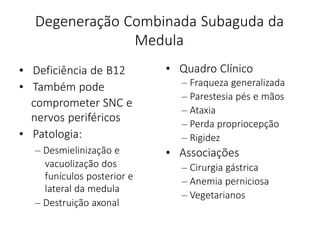 Degeneração Combinada Subaguda da
Medula
• Deficiência de B12
• Também pode
comprometer SNC e
nervos periféricos
• Patologia:
– Desmielinização e
vacuolização dos
funículos posterior e
lateral da medula
– Destruição axonal
• Quadro Clínico
– Fraqueza generalizada
– Parestesia pés e mãos
– Ataxia
– Perda propriocepção
– Rigidez
• Associações
– Cirurgia gástrica
– Anemia perniciosa
– Vegetarianos
 