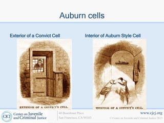 Auburn cells

Exterior of a Convict Cell                 Interior of Auburn Style Cell




                         40 Boardman Place                                       www.cjcj.org
                         San Francisco, CA 94103       © Center on Juvenile and Criminal Justice 2013
 
