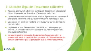 3- La cadre légal de l’assurance collective
 Assureur, preneur et adhérents participent directement à la relation
tripartite générée par le contrat d’assurance collective.
 Le contrat est aussi susceptible de profiter également aux personnes à
charge des adhérents ainsi qu’aux bénéficiaires nommés par eux;
 Le preneur est celui qui s’entend avec l’assureur sur les termes du
contrat-cadre;
 Le preneur le plus fréquemment rencontré est l’employeur qui
souscrit un contrat d’assurance collective pour le compte de ses
employés (adhérents);
 Lorsque le contrat comporte des garanties d’assurance-vie*, le
preneur doit avoir la capacité de « pourvoir » à l’administration du
contrat-cadre ainsi qu’à la perception et à la remise des primes;
 