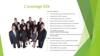 L’avantage GFA
Assurance collective
 175 clients dans plus de 16 domaines d’activités
 Entreprise de 2 à 500+ employés
 4 300 employés assurés sou 13 assureurs
 Plus de 11M$ de primes annuelles sous gestion
 Gestion des avantages imposables de tous vos employés
 Portail informatique pour vos avantages sociaux
 Deux représentantes de service pour vous répondre
 Un conseiller en actuariat
(unique en Abitibi-Témiscamingue)
 Expertise unique dans la mise en place de Compte de soins de
santé (CSS-GFA)
Régime collectif de retraite
 125 clients répartis à travers l’Abitibi-Témiscamingue
 Entreprises de 2 à 500+ employés
 1 500 employés inscrits aux RRS, REER collectif et RPDB
 Plus de 25M$ d’actif sous gestion
 Deux représentantes de service pour vous répondre
 