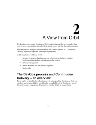[ 9 ]
A View from Orbit
The DevOps process and Continuous Delivery pipelines can be very complex. You
need to have a grasp of the intended final results before starting the implementation.
This chapter will help you understand how the various systems of a Continuous
Delivery pipeline fit together, forming a larger whole.
In this chapter, we will read about:
• An overview of the DevOps process, a Continuous Delivery pipeline
implementation, and the participants in the process
• Release management
• Scrum, Kanban, and the delivery pipeline
• Bottlenecks
The DevOps process and Continuous
Delivery – an overview
There is a lot of detail in the following overview image of the Continuous Delivery
pipeline, and you most likely won't be able to read all the text. Don't worry about
this just now; we are going to delve deeper into the details as we go along.
 