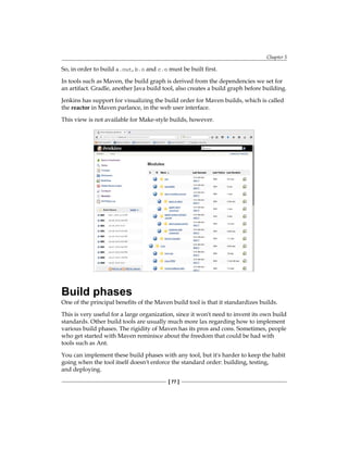 Chapter 5
[ 77 ]
So, in order to build a.out, b.o and c.o must be built first.
In tools such as Maven, the build graph is derived from the dependencies we set for
an artifact. Gradle, another Java build tool, also creates a build graph before building.
Jenkins has support for visualizing the build order for Maven builds, which is called
the reactor in Maven parlance, in the web user interface.
This view is not available for Make-style builds, however.
Build phases
One of the principal benefits of the Maven build tool is that it standardizes builds.
This is very useful for a large organization, since it won't need to invent its own build
standards. Other build tools are usually much more lax regarding how to implement
various build phases. The rigidity of Maven has its pros and cons. Sometimes, people
who get started with Maven reminisce about the freedom that could be had with
tools such as Ant.
You can implement these build phases with any tool, but it's harder to keep the habit
going when the tool itself doesn't enforce the standard order: building, testing,
and deploying.
 