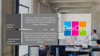DevOps consiste en une démarche de
collaboration agile entre Dev, Production
(Ops) et Métier du besoin utilisateur à la
livraison du service.
Saviez vous que Microsoft applique DevOps
en interne au sein de ses groupes produits
(Office, Visual Studio, Windows) au moins
aussi bien qu’Amazon ou Facebook par
exemple.
 