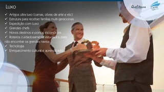 Luxo
✓ Artigos ultra luxo (camas, obras de arte e etc)
✓ Estrutura para receber famílias multi-geracionais
✓ Expedição com Luxo
✓ Grandes chefs
✓ Novos destinos e portos escondidos
✓ Roteiros cuidadosamente estudados para
não encontrar os grandes navios
✓ Tecnologia
✓ Enriquecimento cultural e aprendizado
 