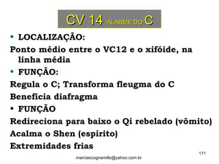 CV 14CV 14 ALARME DOALARME DO CC
• LOCALIZAÇÃO:
Ponto médio entre o VC12 e o xifóide, na
linha média
• FUNÇÃO:
Regula o C; Transforma fleugma do C
Beneficia diafragma
• FUNÇÃO
Redireciona para baixo o Qi rebelado (vômito)
Acalma o Shen (espírito)
Extremidades frias
111
marciascognamillo@yahoo.com.br
 