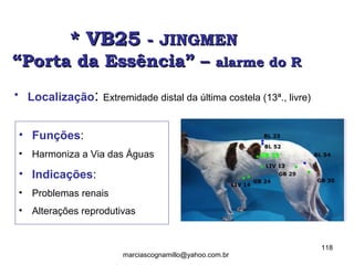 * VB25* VB25 -- JINGMENJINGMEN
“Porta da Essência” –“Porta da Essência” – alarme do Ralarme do R
• Localização: Extremidade distal da última costela (13ª., livre)
• Funções:
• Harmoniza a Via das Águas
• Indicações:
• Problemas renais
• Alterações reprodutivas
118
marciascognamillo@yahoo.com.br
 