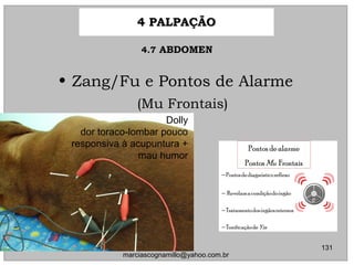 • Zang/Fu e Pontos de AlarmeZang/Fu e Pontos de Alarme
(Mu Frontais)(Mu Frontais)
Dolly
dor toraco-lombar pouco
responsiva à acupuntura +
mau humor
4.74.7 ABDOMENABDOMEN
4 PALPAÇÃO4 PALPAÇÃO
131
marciascognamillo@yahoo.com.br
 
