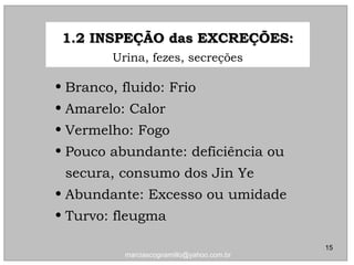 • Branco, fluido: FrioBranco, fluido: Frio
• Amarelo: CalorAmarelo: Calor
• Vermelho: FogoVermelho: Fogo
• Pouco abundante: deficiência ouPouco abundante: deficiência ou
secura, consumo dos Jin Yesecura, consumo dos Jin Ye
• Abundante: Excesso ou umidadeAbundante: Excesso ou umidade
• Turvo: fleugmaTurvo: fleugma
1.2 INSPEÇÃO das EXCREÇÕES:1.2 INSPEÇÃO das EXCREÇÕES:
Urina, fezes, secreções
15
marciascognamillo@yahoo.com.br
 