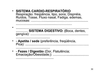 • SISTEMA CARDIO-RESPIRATÓRIO
Respiração: freqüência, tipo, sons; Dispnéia,
Ruídos, Tosse, Fluxo nasal, Fadiga, edemas,
mucosas: ..............................................................
.............................................................
• ...............................................................................
............. SISTEMA DIGESTIVO: (Boca, dentes,
gengiva): ...............................................................
.....................................
• - Apetite / sede (preferência, freqüência,
Pica): .....................................................................
.....................................
• - Fezes / Digestão (Dor, Flatulência;
Emaciação/Obesidade;): .......................................
.........................................
30
 