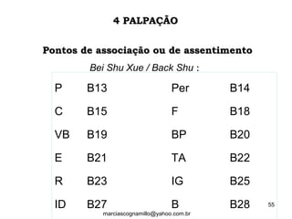 P B13 Per B14
C B15 F B18
VB B19 BP B20
E B21 TA B22
R B23 IG B25
ID B27 B B28
Pontos de associação ou de assentimentoPontos de associação ou de assentimento
Bei Shu Xue / Back Shu ::
4 PALPAÇÃO4 PALPAÇÃO
55
marciascognamillo@yahoo.com.br
 