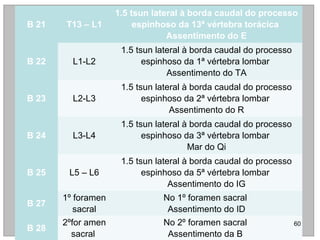 B 21 T13 – L1
1.5 tsun lateral à borda caudal do processo
espinhoso da 13ª vértebra torácica
Assentimento do E
B 22 L1-L2
1.5 tsun lateral à borda caudal do processo
espinhoso da 1ª vértebra lombar
Assentimento do TA
B 23 L2-L3
1.5 tsun lateral à borda caudal do processo
espinhoso da 2ª vértebra lombar
Assentimento do R
B 24 L3-L4
1.5 tsun lateral à borda caudal do processo
espinhoso da 3ª vértebra lombar
Mar do Qi
B 25 L5 – L6
1.5 tsun lateral à borda caudal do processo
espinhoso da 5ª vértebra lombar
Assentimento do IG
B 27
1º foramen
sacral
No 1º foramen sacral
Assentimento do ID
B 28
2ºfor amen
sacral
No 2º foramen sacral
Assentimento da B
60
 
