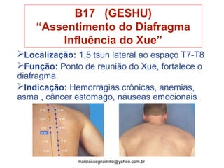 B17 (GESHU)
“Assentimento do Diafragma
Influência do Xue”
Localização: 1,5 tsun lateral ao espaço T7-T8
Função: Ponto de reunião do Xue, fortalece o
diafragma.
Indicação: Hemorragias crônicas, anemias,
asma , câncer estomago, náuseas emocionais
marciascognamillo@yahoo.com.br
 
