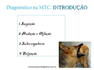 1 Inspeção
2 Audição e Olfação
3 Interrogatório
4 Palpação
8
marciascognamillo@yahoo.com.br
Diagnóstico na MTC: INTRODUÇÃOINTRODUÇÃO
marciascognamillo@yahoo.com.br
 