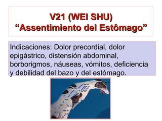 V21 (WEI SHU)V21 (WEI SHU)
“Assentimiento del Estômago”“Assentimiento del Estômago”
Indicaciones: Dolor precordial, dolor
epigástrico, distensión abdominal,
borborigmos, náuseas, vómitos, deficiencia
y debilidad del bazo y del estómago.
 