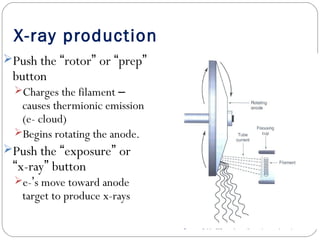 X-ray production
Push the “rotor” or “prep”
button
Charges the filament –
causes thermionic emission
(e- cloud)
Begins rotating the anode.
Push the “exposure” or
“x-ray” button
e-’s move toward anode
target to produce x-rays
 
