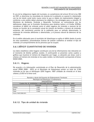 REVISIÓN Y AJUSTE EOT MUNICIPIO DE SUBACHOQUE
                                                           DOCUMENTO DE DIAGNÓSTICO


Es una de las obligaciones legales del municipio, en cumplimiento del artículo 92 de la Ley 388
de 1997, es determinar las necesidades de vivienda de la población en especial lo relacionado
con las de interés social tanto nueva como la que es objeto de mejoramiento integral y
conforme a este análisis deben plantearse los objetivos y las estrategias para su solución. El
Ministerio de Ambiente, Vivienda y Desarrollo Territorial, en concordancia con las
definiciones dadas por la Comisión Económica para América Latina y el Caribe (CEPAL)
consideran el déficit de vivienda como el saldo negativo de vivienda o carencia de las
mismas en función de la correlación censal de número de familias y número de viviendas
existentes, del crecimiento previsto de la población para un período determinado, la
existencia de viviendas deficientes o deterioradas, y el proceso natural de deterioro de las
viviendas.

En el análisis efectuado para el municipio de Subachoque se aplica el déficit desde el punto
de vista cuantitativo, presentándose avances de carácter cualitativo al analizar el tipo de
vivienda y el comportamiento de las personas que las ocupan.

3.6.1. DÉFICIT CUANTITATIVO DE VIVIENDA

Los datos estadísticos sobre hogares constituyen una de las informaciones más relevantes en
el momento de diseñar políticas sociales. A continuación se presentan varios cuadros y
gráficos que muestran el número de integrantes por hogar, su ubicación por áreas: rural o
urbana y el número de viviendas en las cuales residen. La información corresponde al Censo
DANE 2005.

3.6.1.1. Hogares

De acuerdo a la información suministrada en el Plan de Desarrollo de la administración
actual (PDM 2008 - 2011) en el Municipio de Subachoque existen un total de 3.140
viviendas en las que se distribuyen 3295 hogares. 1087 unidades de vivienda en el área
urbana y 2.053 en el área rural.

                   Revisión y Ajuste del Esquema de Ordenamiento Territorial
                            Municipio de Subachoque, Cundinamarca
                                         DIAGNÓSTICO
          Cuadro No. 8. VIVIENDAS Y HOGARES SEGÚN NÚMERO DE PERSONAS - 2005
                               Viviendas               Hogares                  Personas
Urbana                           1.087                  1.189                    4.637
Rural                            2.053                  2.106                     8.213
Total                            3.140                  3.295                    12.851
Fuente: PMD 2008-2011.




3.6.1.2. Tipo de unidad de vivienda



                                                24
MUNICIPIO DE SUBACHOQUE                                                           CIDETER LTDA.
 