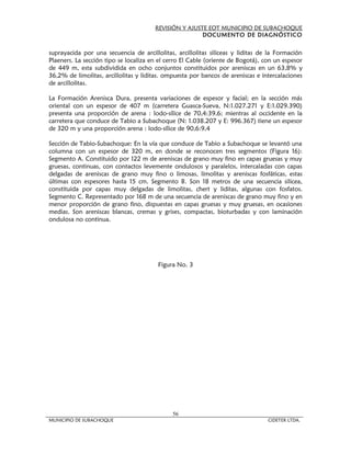 REVISIÓN Y AJUSTE EOT MUNICIPIO DE SUBACHOQUE
                                                       DOCUMENTO DE DIAGNÓSTICO


suprayacida por una secuencia de arcillolitas, arcillolitas silíceas y liditas de la Formación
Plaeners. La sección tipo se localiza en el cerro El Cable (oriente de Bogotá), con un espesor
de 449 m, esta subdividida en ocho conjuntos constituidos por areniscas en un 63,8% y
36,2% de limolitas, arcillolitas y liditas. ompuesta por bancos de areniscas e intercalaciones
de arcillolitas.

La Formación Arenisca Dura, presenta variaciones de espesor y facial; en la sección más
oriental con un espesor de 407 m (carretera Guasca-Sueva, N:1.027.271 y E:1.029.390)
presenta una proporción de arena : lodo-sílice de 70,4:39,6; mientras al occidente en la
carretera que conduce de Tabio a Subachoque (N: 1.038.207 y E: 996.367) tiene un espesor
de 320 m y una proporción arena : lodo-sílice de 90,6:9,4

Sección de Tabio-Subachoque: En la vía que conduce de Tabio a Subachoque se levantó una
columna con un espesor de 320 m, en donde se reconocen tres segmentos (Figura 16):
Segmento A. Constituido por 122 m de areniscas de grano muy fino en capas gruesas y muy
gruesas, continuas, con contactos levemente ondulosos y paralelos, intercaladas con capas
delgadas de areniscas de grano muy fino o limosas, limolitas y areniscas fosfáticas, estas
últimas con espesores hasta 15 cm. Segmento B. Son 18 metros de una secuencia silicea,
constituida por capas muy delgadas de limolitas, chert y liditas, algunas con fosfatos.
Segmento C. Representado por 168 m de una secuencia de areniscas de grano muy fino y en
menor proporción de grano fino, dispuestas en capas gruesas y muy gruesas, en ocasiones
medias. Son areniscas blancas, cremas y grises, compactas, bioturbadas y con laminación
ondulosa no continua.




                                        Figura No. 3




                                             56
MUNICIPIO DE SUBACHOQUE                                                          CIDETER LTDA.
 