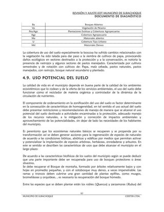 REVISIÓN Y AJUSTE EOT MUNICIPIO DE SUBACHOQUE
                                                       DOCUMENTO DE DIAGNÓSTICO


       Ba                                          Bosques Abiertos
      Vp                                        Vegetación de Páramo
    Pex/Ago                        Plantaciones Exóticas y Coberturas Agropecuarias
      Agp                                      Cobertura Agropecuaria
      Ma                                          Matorrales abiertos
       U                                        Cobertura Tipo Urbano
      Md                                          Matorrales Densos


La cobertura de uso del suelo especialmente la boscosa ha sufrido cambios relacionados con
la vegetación ha sido talada para dar paso a la siembra de cultivos de papa, provocando
daños ecológicos en sectores destinados a la protección y a la conservación, es notoria la
presencia de rastrojos y algunos sectores de pastos manejados. Caracterizada por cultivos
semestrales y de rotación con cultivos de: Papa, maíz cebada, pastos naturales, pastos
manejados, con rastrojo, bosque natural secundario y plantado.

4.9. USO POTENCIAL DEL SUELO
La calidad de vida en el municipio depende en buena parte de la calidad de los ambientes
ecosistémicos que lo rodean y de la oferta de los servicios ambientales, el uso del suelo debe
funcionar como el reciclador de materia orgánica y controlador de la dinámica de la
circulación de nutrientes.

El componente de ordenamiento en la zonificación del uso del suelo es factor determinante
en la consecución de características de homogeneidad, en tal sentido el uso actual del suelo
debe presentar restricciones y recomendaciones de manejo de manera que se alcance el uso
potencial del suelo destinado a actividades encaminadas a la protección, adecuado manejo
de los recursos naturales, a la mitigación y corrección de impactos ambientales y
aprovechamiento de las potencialidades, sin dejar de lado las necesidades de los habitantes
del municipio.

Es perentorio que los ecosistemas naturales básicos se recuperen y se propenda por su
transformación así se deben generar acciones para la regeneración de especies de naturales
de acuerdo a las condiciones bióticas, abióticas y edáficas por medios que permitan activar
y potencializar la implantación de especies arbóreas, herbáceas, enredaderas y arbustos. En
este se sentido se describen las características de usos que debe alcanzar el municipio en el
largo plazo:

De acuerdo a las características biofísicas de los suelos del municipio según se puede deducir
que una parte importante debe ser recuperada para uso de bosques protectores o áreas
silvestres.
Se debe recuperar el Bosque de montaña, formado por árboles relativamente bajos y con
hojas en promedio pequeñas, y con el sotobosque muy denso, a veces impenetrable. Las
ramas y troncos deben cubrirse una gran cantidad de plantas epífitas, como musgos,
bromeliáceas y orquídeas, , es necesario la recuperación del bosque húmedo.

Entre las especies que se deben plantar están los robles ( Quercus) y zarzamoras (Rubus) del


                                              61
MUNICIPIO DE SUBACHOQUE                                                               CIDETER LTDA.
 