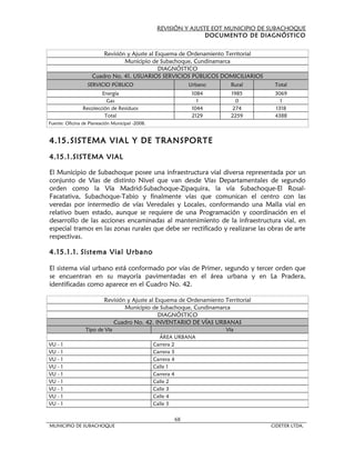 REVISIÓN Y AJUSTE EOT MUNICIPIO DE SUBACHOQUE
                                                                  DOCUMENTO DE DIAGNÓSTICO


                        Revisión y Ajuste al Esquema de Ordenamiento Territorial
                                Municipio de Subachoque, Cundinamarca
                                              DIAGNÓSTICO
                    Cuadro No. 41. USUARIOS SERVICIOS PÚBLICOS DOMICILIARIOS
                  SERVICIO PÚBLICO                          Urbano        Rural       Total
                        Energía                              1084         1985        3069
                          Gas                                  1            0           1
                Recolección de Residuos                      1044          274        1318
                         Total                               2129         2259        4388
Fuente: Oficina de Planeación Municipal -2008.


4.15. SISTEMA VIAL Y DE TRANSPORTE
4.15.1.SISTEMA VIAL

El Municipio de Subachoque posee una infraestructura vial diversa representada por un
conjunto de Vías de distinto Nivel que van desde Vías Departamentales de segundo
orden como la Vía Madrid-Subachoque-Zipaquira, la vía Subachoque-El Rosal-
Facatativa, Subachoque-Tabio y finalmente vías que comunican el centro con las
veredas por intermedio de vías Veredales y Locales, conformando una Malla vial en
relativo buen estado, aunque se requiere de una Programación y coordinación en el
desarrollo de las acciones encaminadas al mantenimiento de la infraestructura vial, en
especial tramos en las zonas rurales que debe ser rectificado y realizarse las obras de arte
respectivas.

4.15.1.1. Sistema Vial Urbano

El sistema vial urbano está conformado por vías de Primer, segundo y tercer orden que
se encuentran en su mayoría pavimentadas en el área urbana y en La Pradera,
identificadas como aparece en el Cuadro No. 42.

                          Revisión y Ajuste al Esquema de Ordenamiento Territorial
                                  Municipio de Subachoque, Cundinamarca
                                                DIAGNÓSTICO
                             Cuadro No. 42. INVENTARIO DE VÍAS URBANAS
                 Tipo de Vía                                            Vía
                                                   ÁREA URBANA
VU - 1                                           Carrera 2
VU - 1                                           Carrera 3
VU - 1                                           Carrera 4
VU - 1                                           Calle 1
VU - 1                                           Carrera 4
VU - 1                                           Calle 2
VU - 1                                           Calle 3
VU - 1                                           Calle 4
VU - 1                                           Calle 5


                                                       68
MUNICIPIO DE SUBACHOQUE                                                              CIDETER LTDA.
 