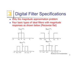 AGC
DSP
AGC
DSP
Professor A G Constantinides
1
Digital Filter Specifications
 Only the magnitude approximation problem
 Four basic types of ideal filters with magnitude
responses as shown below (Piecewise flat)

1

0 c
–c
HLP(e j)
  

0 c
–c
1
HHP(e j)
 

 

1
1
–
–c1 c1
–c2 c2
HBP (e j)
  

1
–c1 c1
–c2 c2
HBS(e
j
)
 
