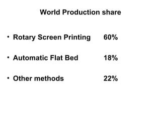 World Production share Rotary Screen Printing 60% Automatic Flat Bed 18% Other methods 22% 
